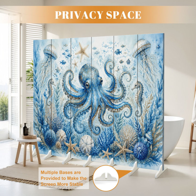 Cloison pliante 6 panneaux paravent sous-marin Royal Octopus Marine Creatures, 6, 71" H x 96" W x 1" D