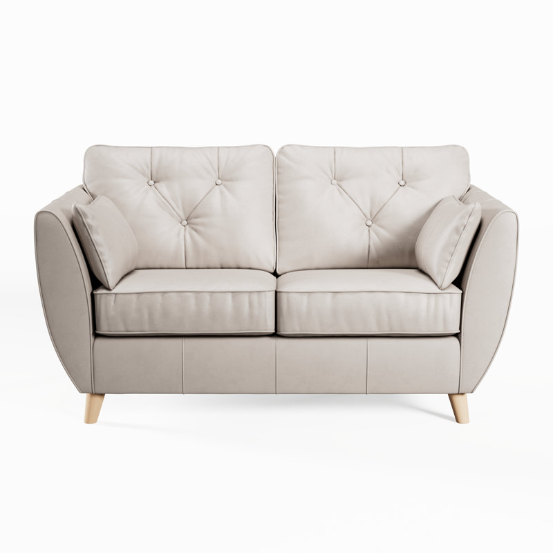 Marylin 2 Seater Leather Tufted Sofa, Cloud Grey, Light Wood