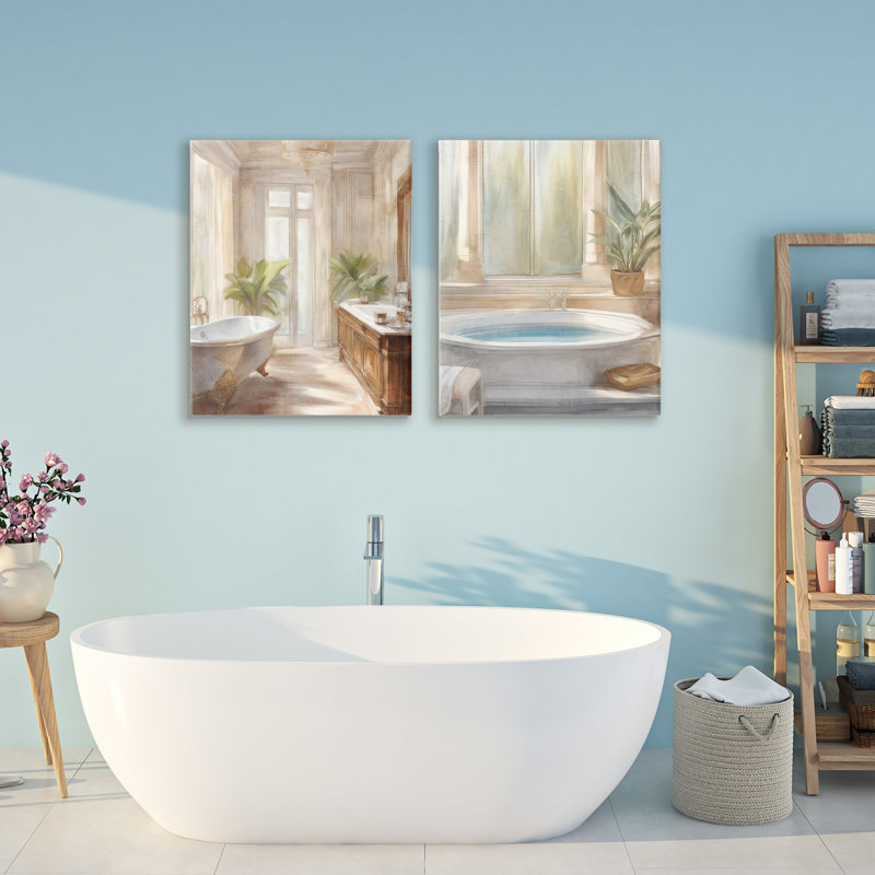 Serenity Bath Bathroom Interior 2pc Canvas Set, design by Kim Allen, 30" H x 24" W