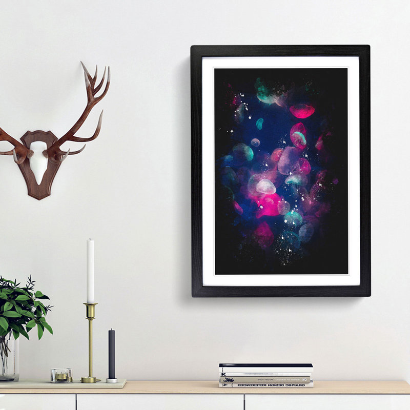 Many Jellyfish Paint Splash - Framed Print, 45cm H x 33cm W x 2cm D, Black Framed