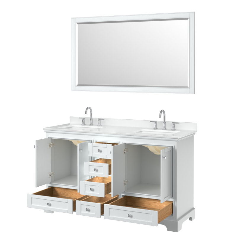 Ensemble de meuble-lavabo double Deborah, Blanc avec garniture chrome poli, Comptoir en marbre de culture blanc