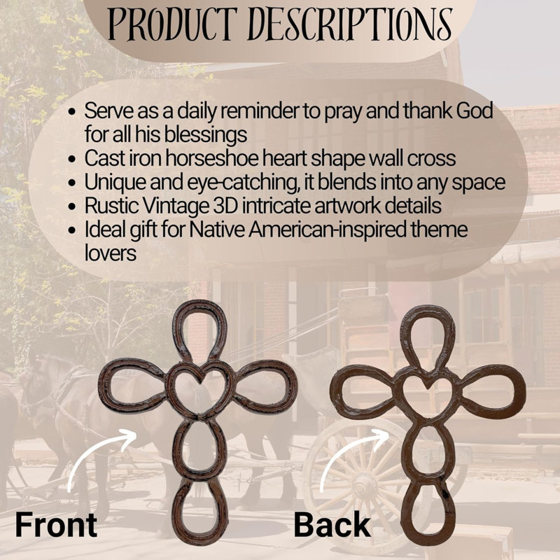 Cast Iron Western Wall Cross Horseshoe Heart Design