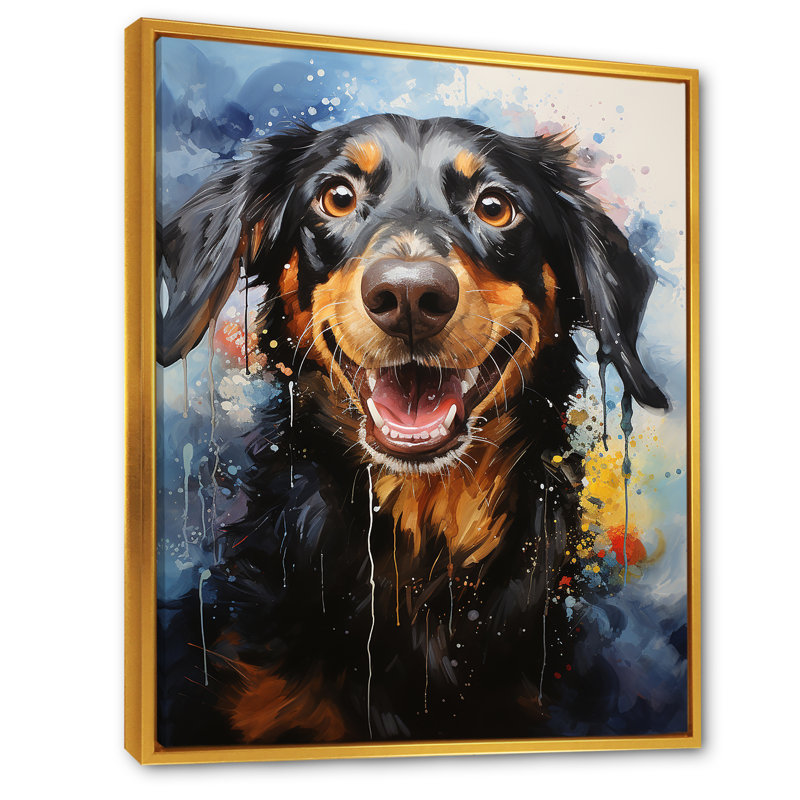 Teckel délice sur toile, H 32 po x l 24 po x P 1 po, Cadre flottant doré
