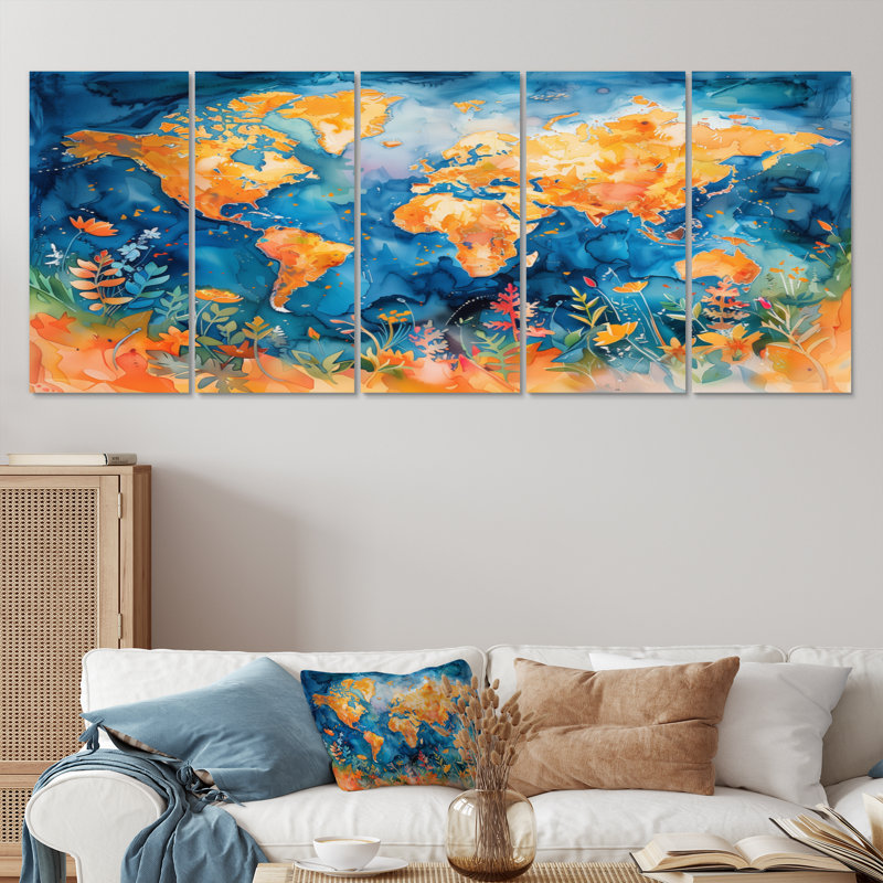 Ensemble de salon art mural orange carte du monde, 32" H x  80" W
