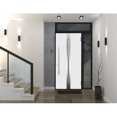 Porte avant en acier pré-suspendue à l'avant / deux en chêne naturel 1744 / fenêtre extérieure latérale et supérieure noire / inserts en acier inoxydable peints simples modernes - l 36 po x H 80 po + 16 po - Gauche