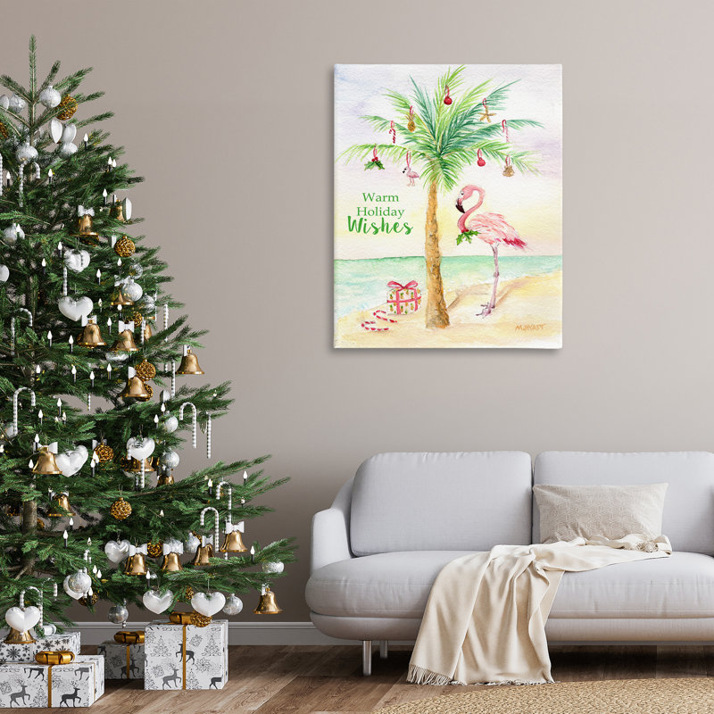 «Tropical Flamingo Christmas Nautical Palm Tree - Floater Frame», reproduction d'art, H 48 po x l 36 po