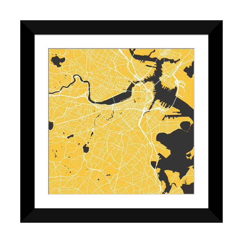 «Boston Urban Roadway Map» par Urbanraph, impression sur toile, H 16 po x l 16 po x P 1 po, Papier d'art encadré noir, Blanc