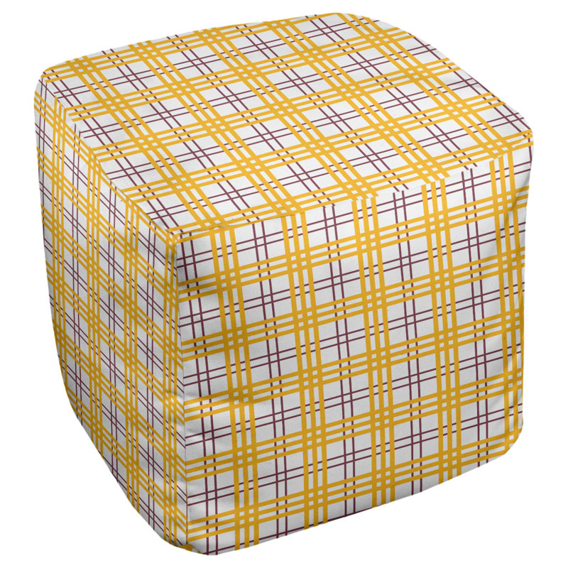 Pouf carré à carreaux Washington, Mélange de polyester blanc / bourgogne / doré, H 13 po x l 13 po x P 13 po