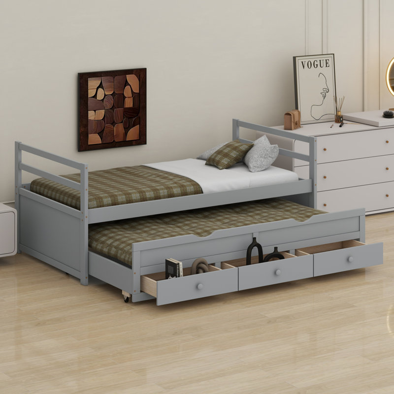 Wood Bed With Headboard, Footboard, Trundle And Three Storage Drawers, Gray