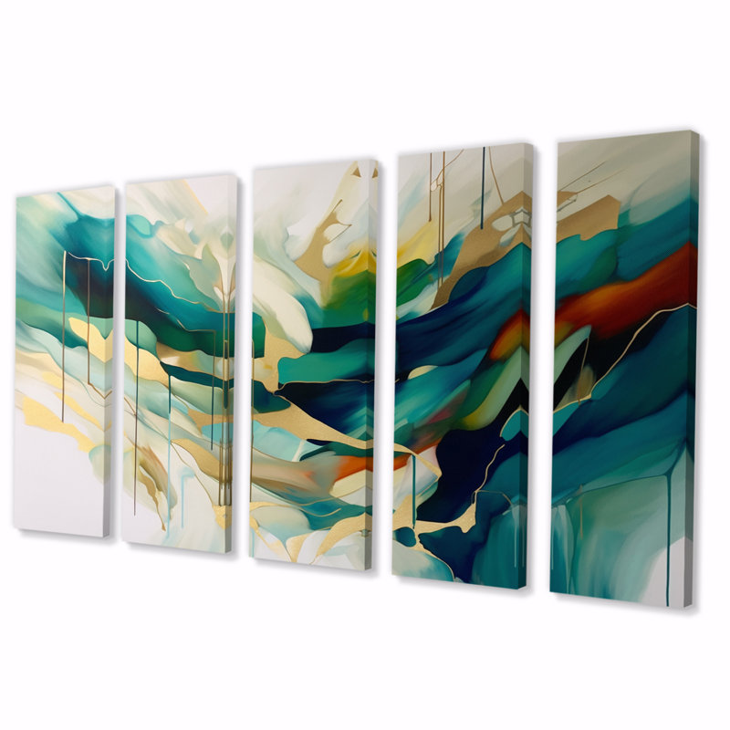 Crème et vert harmonique Convergence I - formes abstraites, reproduction d'art sur toile - 5 panneaux égaux