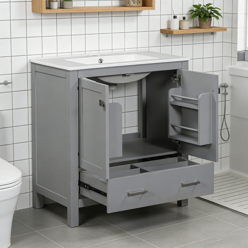 Bathroom Vanity with Single Sink, 2 Doors and a Drawer, Gray