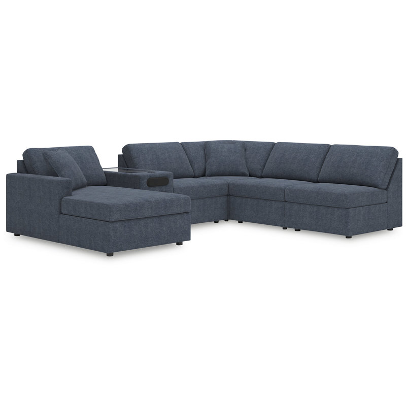 Canapé modulaire 6 pièces avec méridienne et console audio Braintree, Polyester bleu