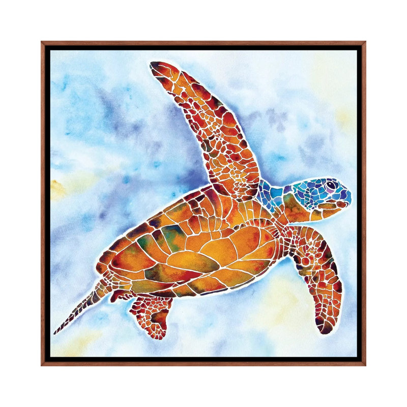 «Sea Turtle Ponce Inlet» par Jo Lynch - reproduction, H 18 po x l 18 po x 1,5 po, Toile avec cadre brun, Aucun mat