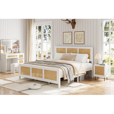 Matelas / bases de lit Grand lit plateforme en rotin Boho avec tête et pied de lit en rotin, support de lattes en métal robuste, aucun sommier nécessaire, dégagement sous le lit sans bruit, blanc