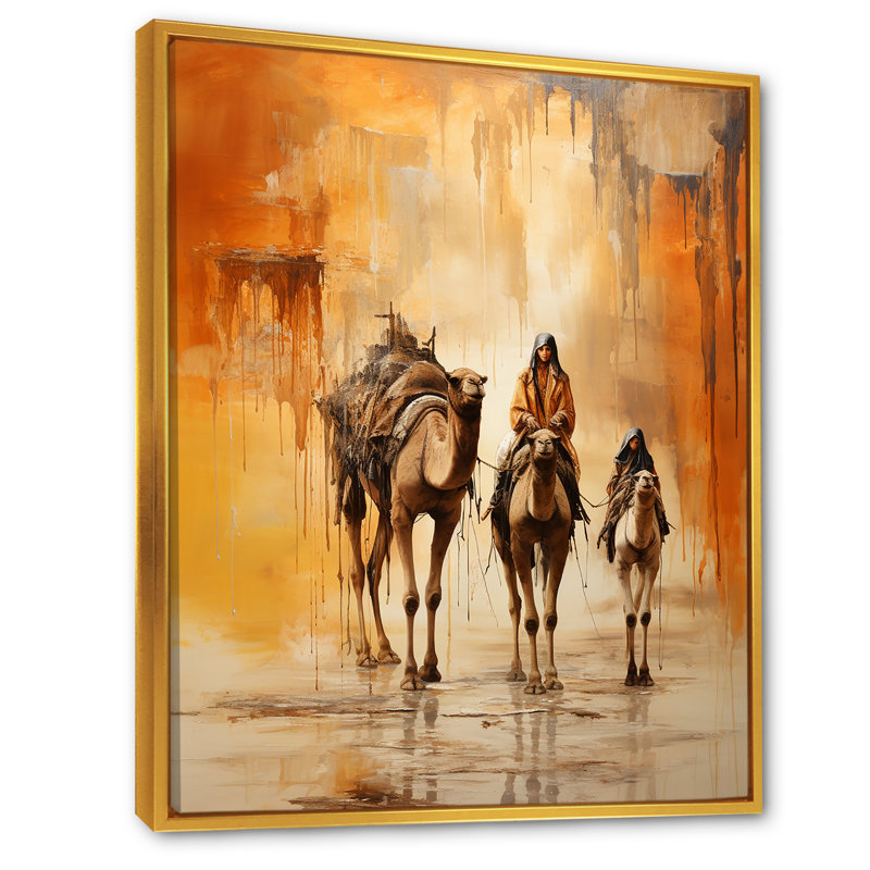Voyage en arabe sur la route de la soie II - Art mural arabe, Cadre flottant doré, H 32 po x l 24 po x P 1 po