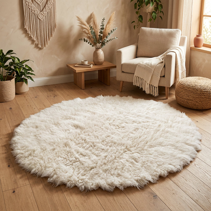 Magnifiques tapis grecs Flokati. Long poil de laine organique de 3,5 po. Tapis naturel en laine blanc cassé., Rond 8 pi