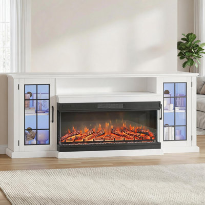 Meuble télé 75 po avec foyer électrique et armoire en bois de style campagnard 75 po, foyer en verre à trois côtés de 40 po, 12 couleurs de flamme DEL, armoire de rangement à 2 niveaux et 2 portes en verre pour le salon