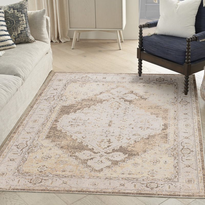 Haydel Oriental Machine Washable Power Loom Polyester Area Rug in Beige, Rectangle 4' x 6'