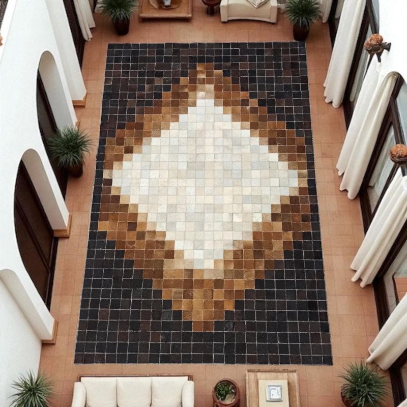 Tapis brun et beige en cuir de vache, tapis fait à la main en cuir naturel