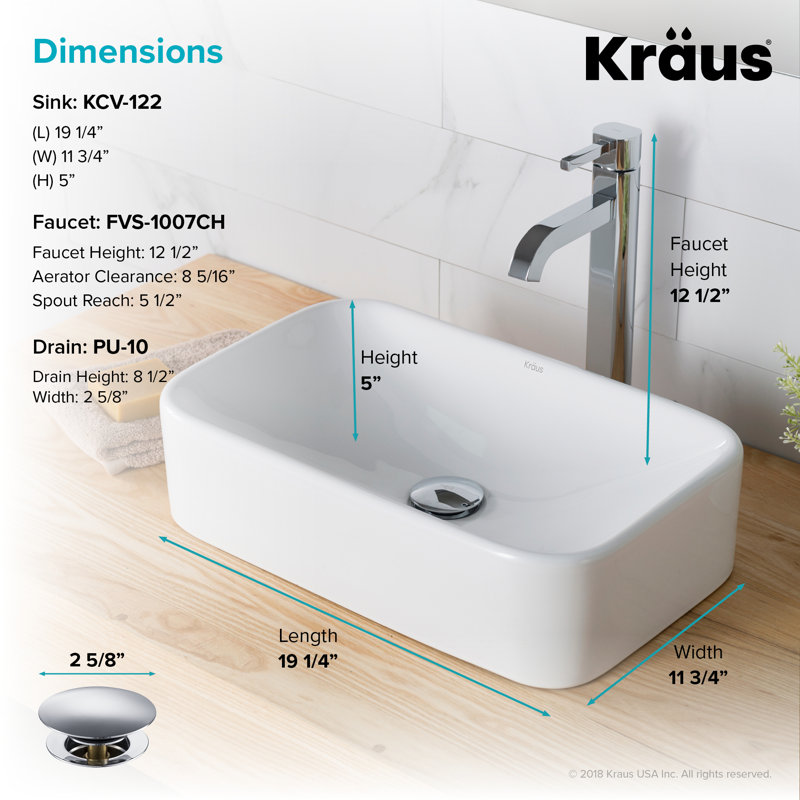 Ceramic Rectangular Vessel Bathroom Sink with Faucet, Chrome