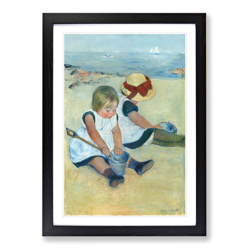 Children Playing on the Beach by Mary Cassatt - Picture Frame Painting, 36cm H x 27cm W x 2cm D, Black Framed