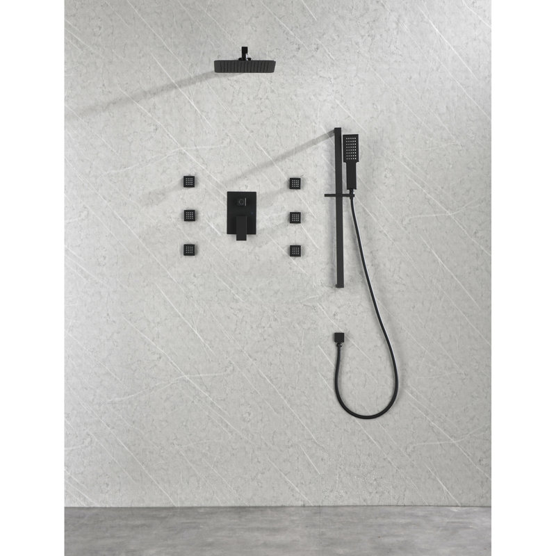 Structure de douche noir mat avec 6 jets pour le corps et douche à main, douchette pour appareil mural