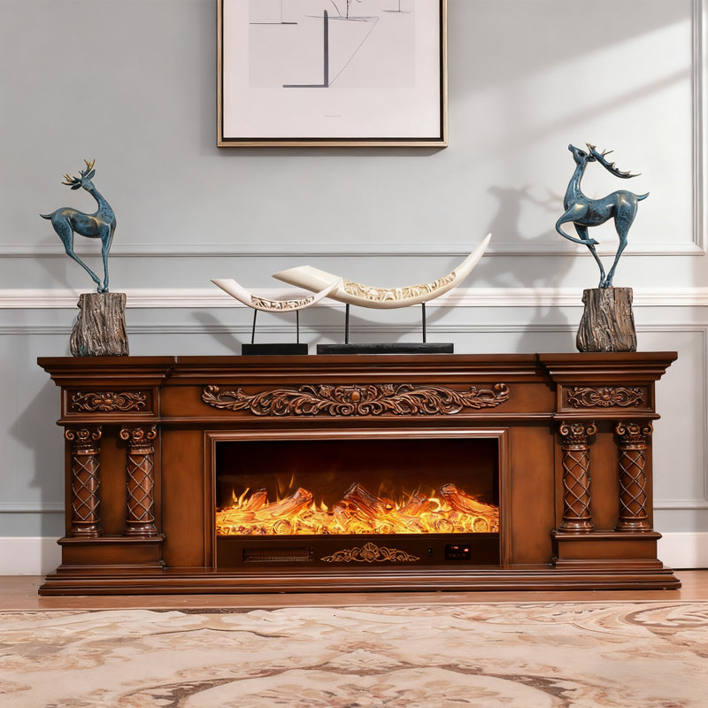 Meuble télé 70 po avec lumière de style européen luxueux, option bicolore blanc / brun, foyer en bois de chêne massif avec fonction de chauffage à flamme simulée