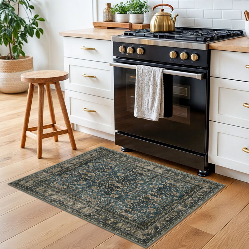 Tapis tribal à motif floral lavable à la machine avec envers antidérapant pour le salon de la chambre à coucher, Bleu/brun