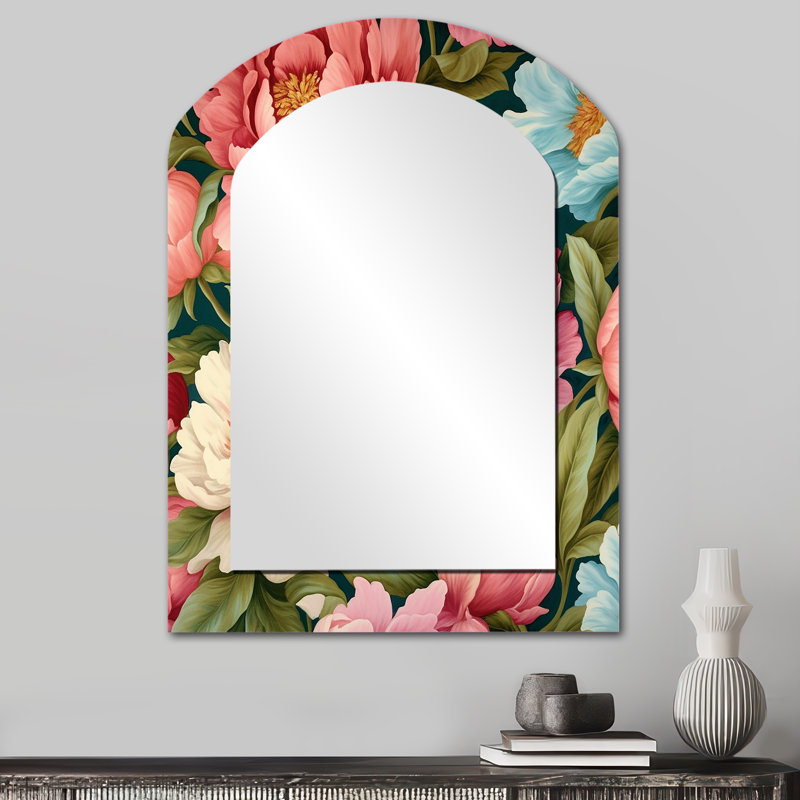 Pivoine rose jardin perfection - miroir mural décoratif asymétrique floral, miroir arqué traditionnel, impression d'art en métal