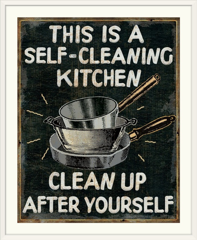 « self cleaning cuisine », art textuel, H 23 po x l 20 po x P 1 po, Cadre blanc