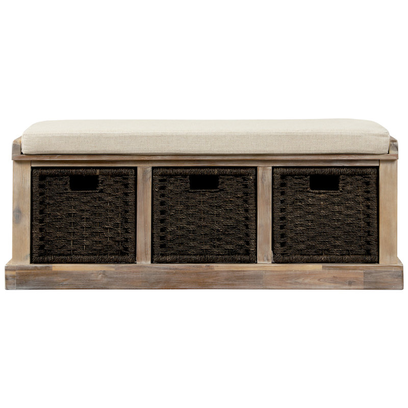 Banc de rangement rustique pour hall d'entrée - 3 paniers amovibles en rotin + coussin amovible, White Washed