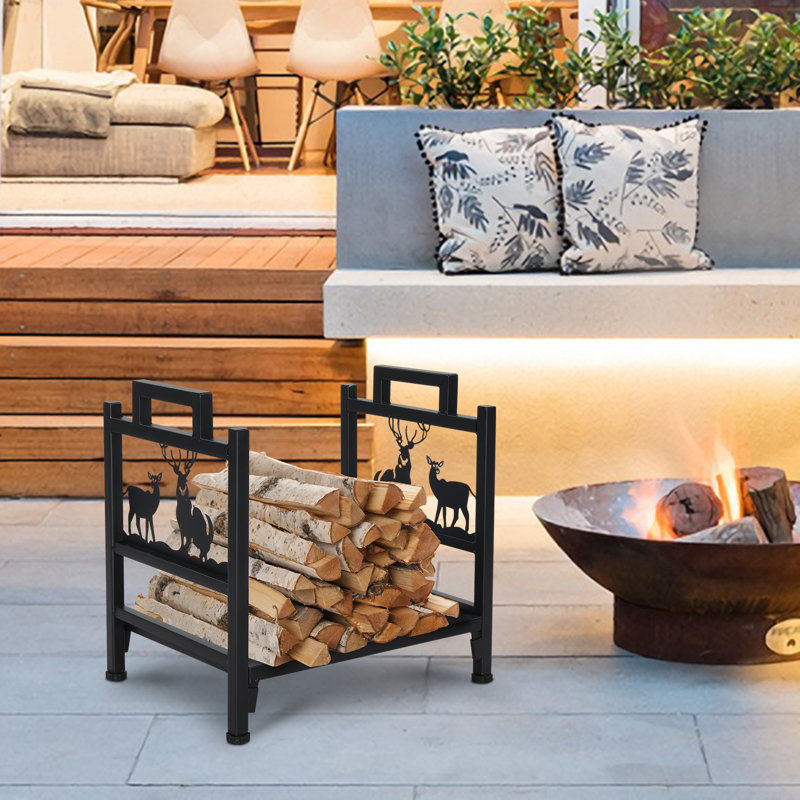 Support de bois de chauffage à 1 couche à motif animal, support de rangement en bois de fer noir - parfait pour la décoration intérieure / extérieure, résistant aux intempéries, conception surélevée (prévient la moisissure), fabrication en acier robuste
