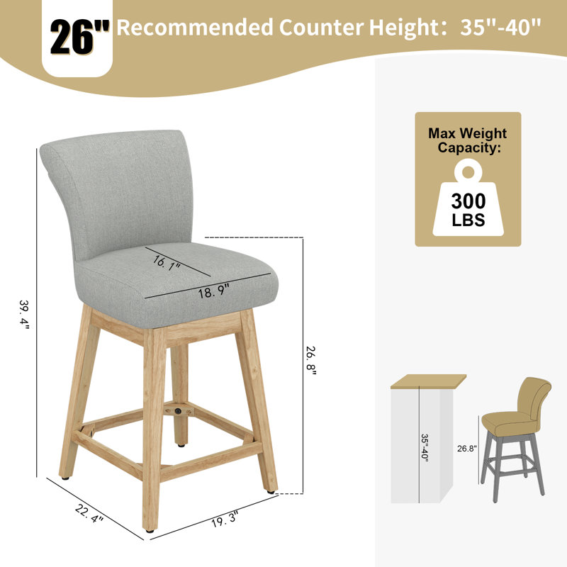 Malakeh Solid Wood Swivel Counter & Bar Stool (Set of 1/2/4), Gray/Natural, Counter Stool (26.8" Seat Height), 4