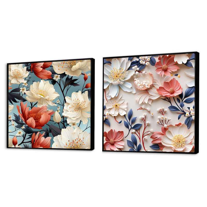 Glaude - Ensemble de 2 collages floraux carrés, Cadre flottant noir, H 16 po x l 33 po