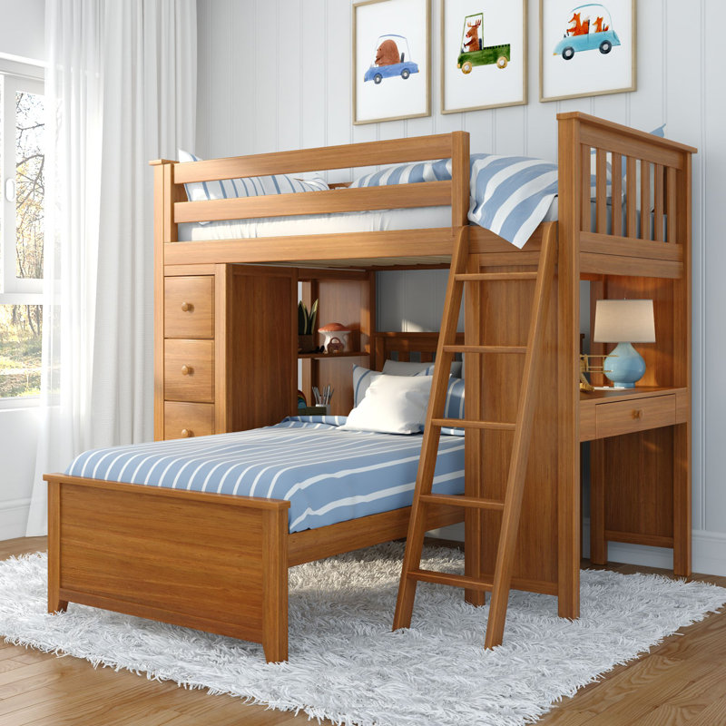 Herminda Twin Solid Wood L-Shaped Bunk Beds with Bookcase by Harriet Bee, Pecan
