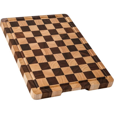 Planche à découper en bois d'acacia à damier avec rainures et poignées à jus - Bloc de boucher à double face de 16,5 po x 11,6 po, patins antidérapants inclus, grande planche à découper pour la cuisine, le service et la charcuterie
