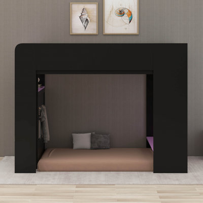 Lit de jeu avec lumière RVB et port USB, lit mezzanine double avec bureau à hauteur réglable et garde-robe, lits superposés en bois avec tablettes de rangement
