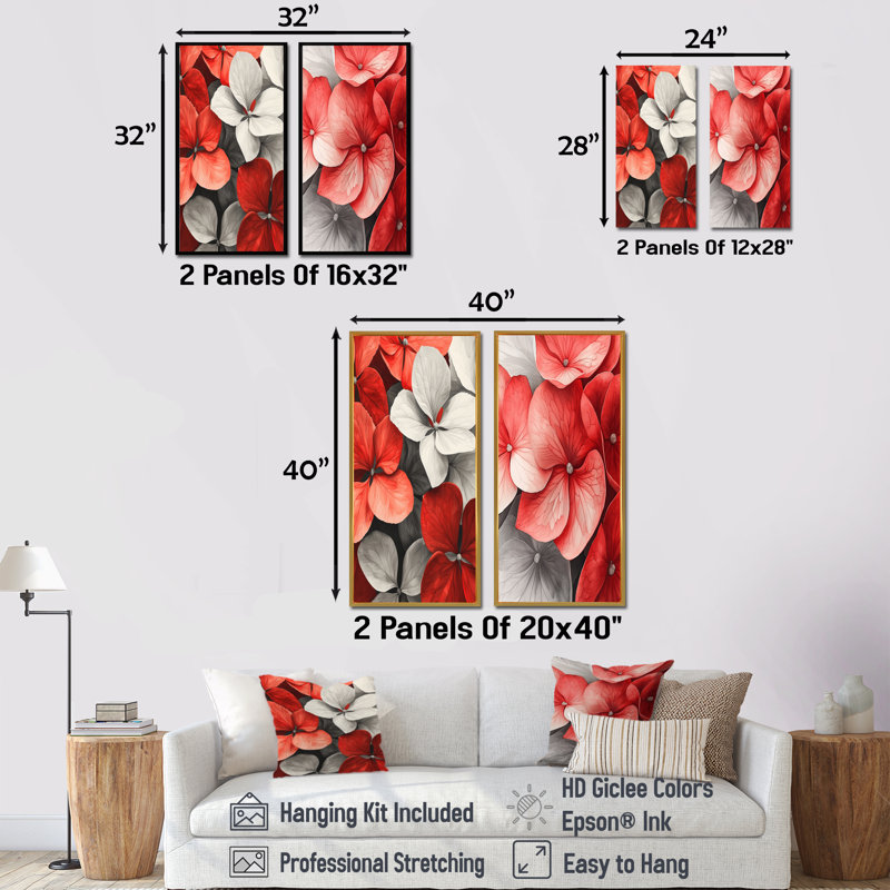 Monogramme de l'hortensia rouge et pétales décoratifs I - Collection de 2 panneaux muraux floraux, H 28 po x l 25 po