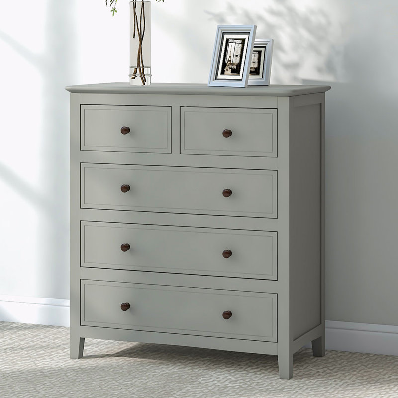 Commode 5 tiroirs en bois massif, Gris