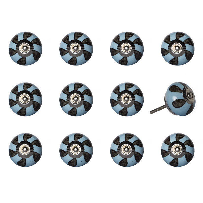 Set of Twelve Blue And Black Geometric Ceramic Drawer Pull Knobs