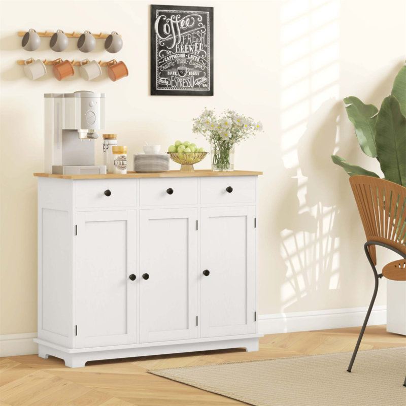 Buffet de comptoir en bois massif avec 3 tiroirs, portes et tablette réglable pour le rangement de la cuisine moderne et le bar à café