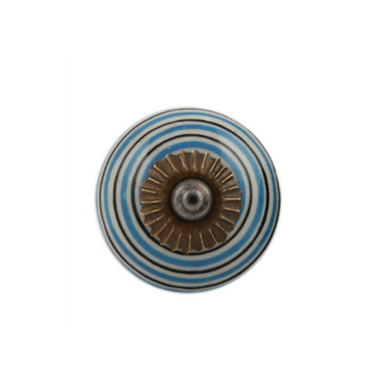 Set of 6 Striped Ceramic Knobs, Turquoise/White/Black