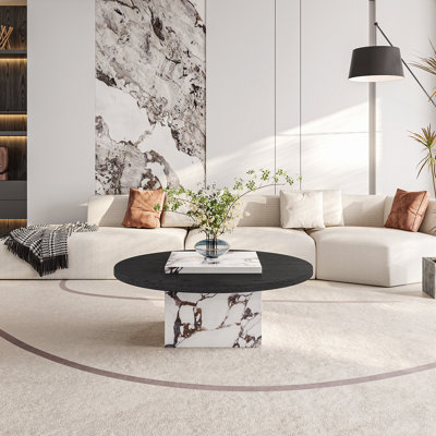Table basse ronde en bois massif de 35,43 po avec plateau de table carré synthétique brillant