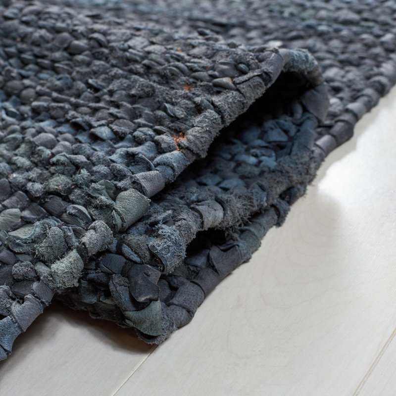 Rider Hand Woven Leather/Cotton/Jute Rug in Beige/Blue, Square 7'