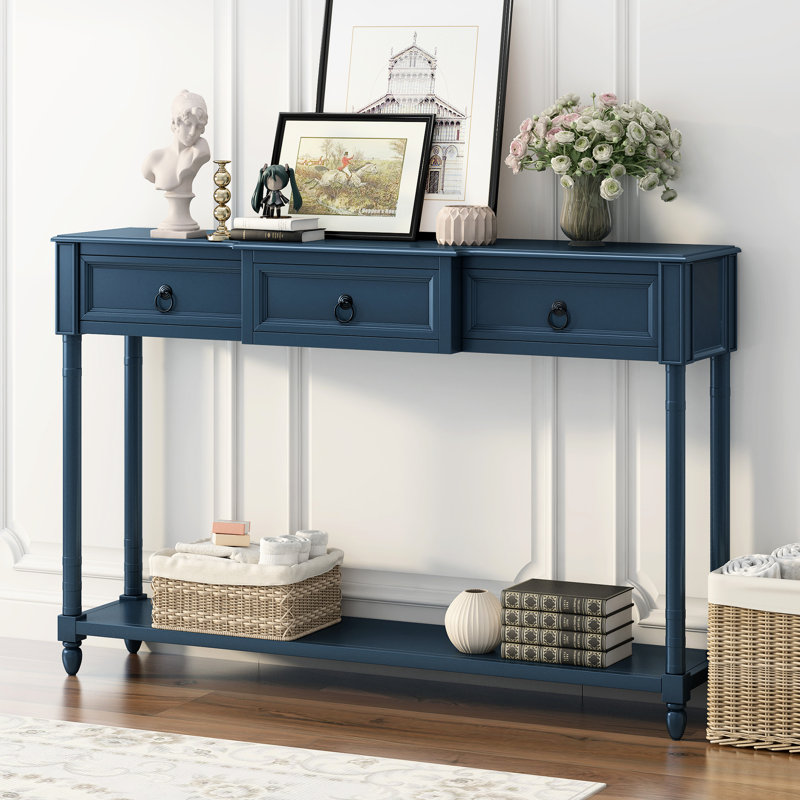 Table d'entrée avec tiroirs et tablette inférieure, élégante console de vestibule bleu marine, Marine antique