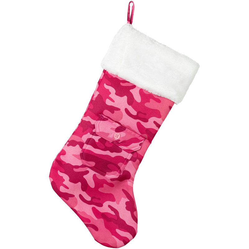 Chaussette de Noël 18 po camouflage avec poche et manchette en fausse fourrure blanche, Rose