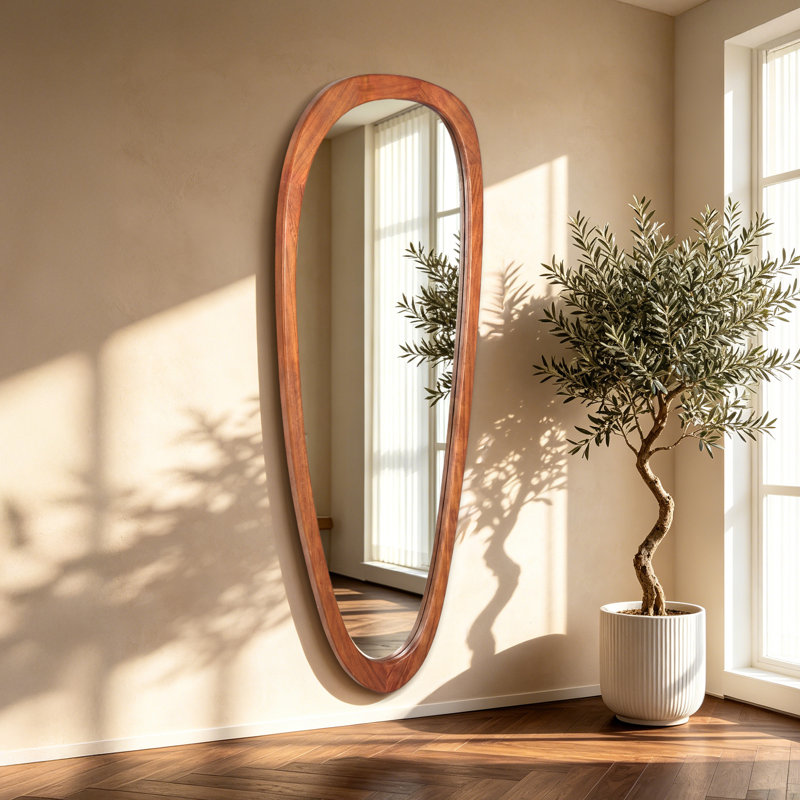 Asymmetrical Wood Framed Accent Wall Mirror, Brown, 60" x 22"
