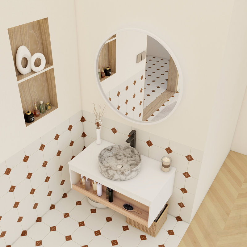 Meuble-lavabo flottant avec vasque en marbre veiné, fixation murale avec tablette ouverte, design moderne et peu encombrant