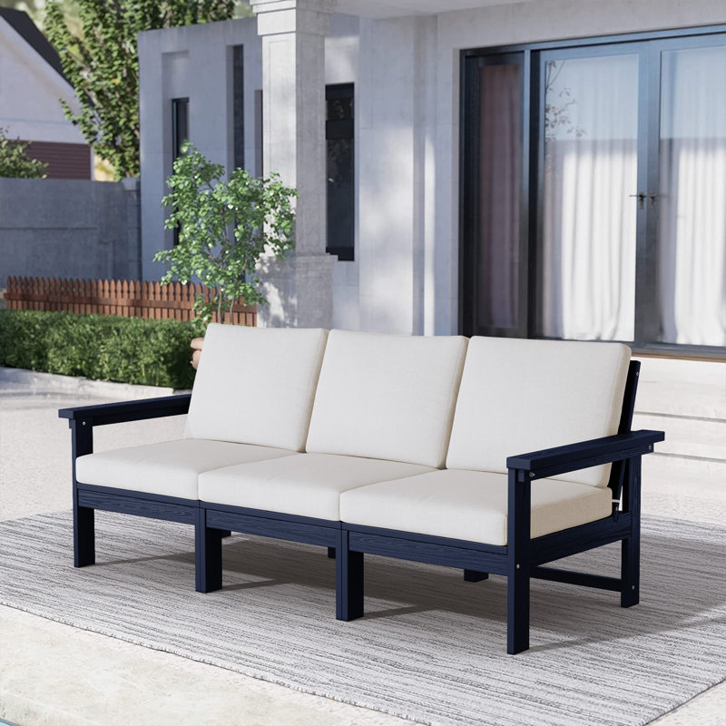 Zolah 3-Person Outdoor HDPE Seating Group with Cushions, White, Blue