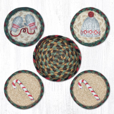 Round Jute Coasters in Basket Hand Stenciled Design 5"x5"